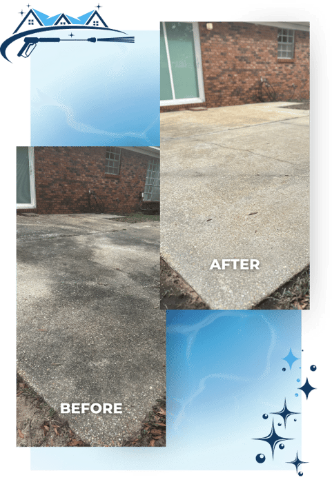 Before and after photos of a concrete patio that was very dirty and dark and now clean. The background is a blue water pattern. In the top left is a home's roof with a powerwasher graphic and the bottom has stars and bubbles representing cleanliness.