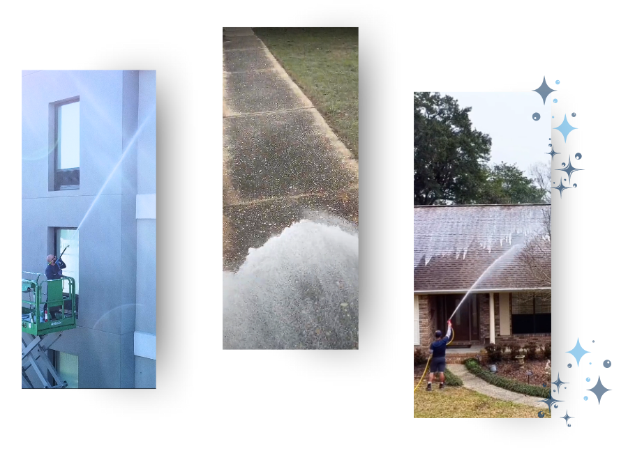 Three long, vertical photos. One of Eight Five O cleaning a large hotel building, another of them cleaning a dirty sidewalk, and the last photo is of them cleaning home's roof.