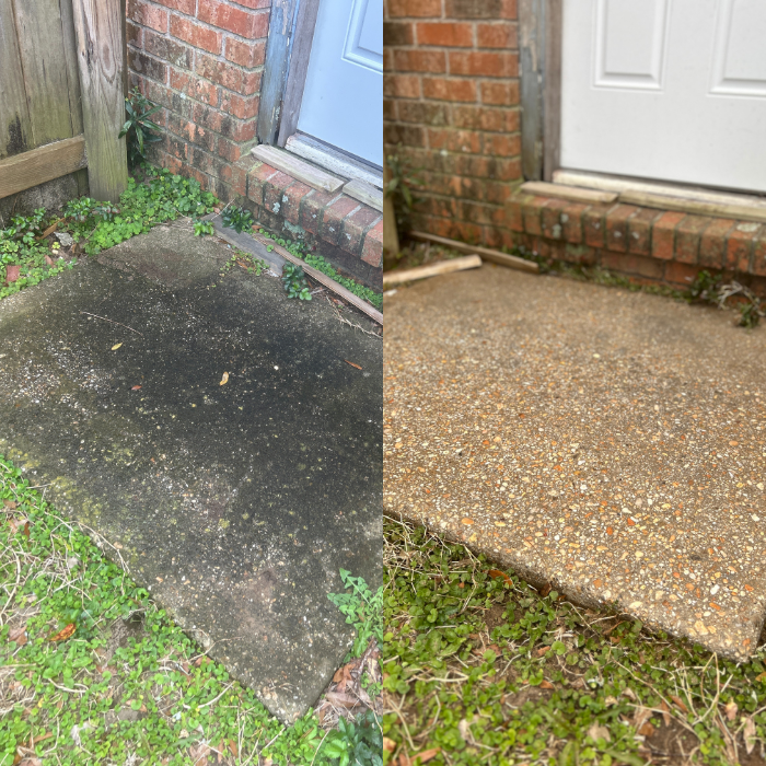 This photo shows a before and after of a concrete door step. Before it was cleaned it was almost black in color. After Eight Five O cleaned it, it's like new.