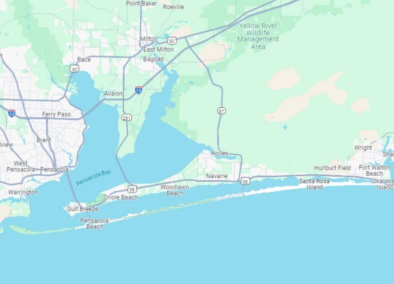 A map of the Florida Panhandle on the Gulf Coast