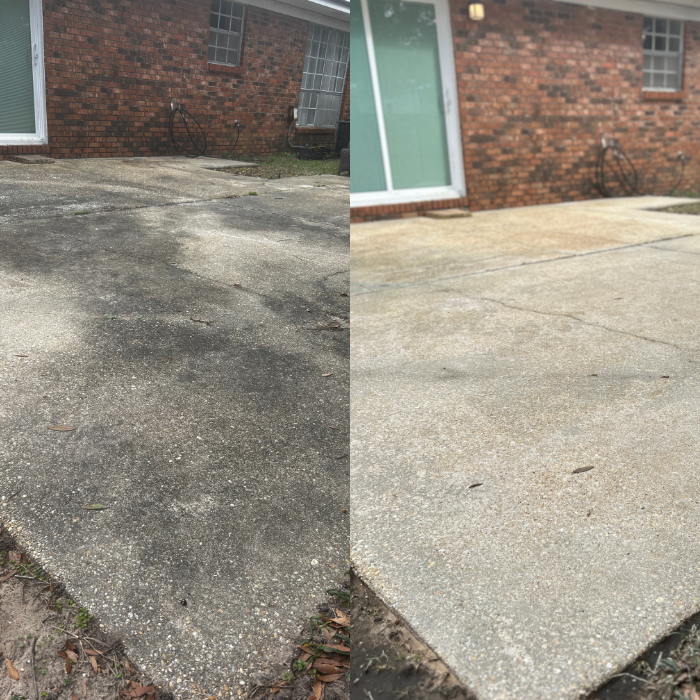 A concrete patio before and after. The first photo shows a dark, dirty patio and the next photo shows it spotless.