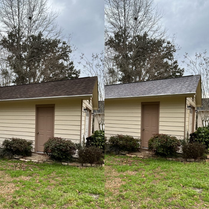 This photo shows a before and after of a roof. One is very dirty and the other looks brand new.