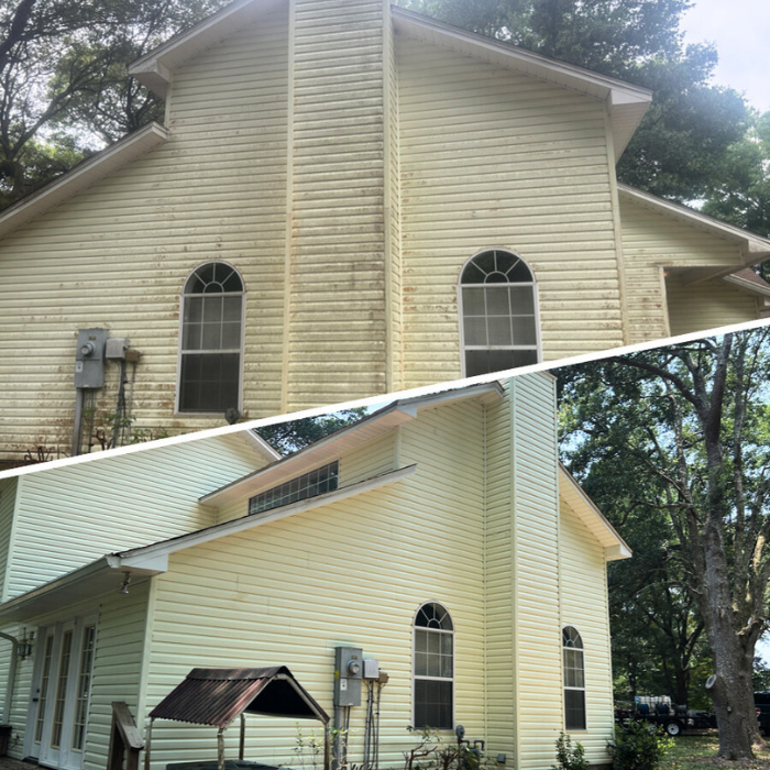 The side of a home before and after an Eight Five O professional cleaning. One image shows dirty siding and the other is clean.